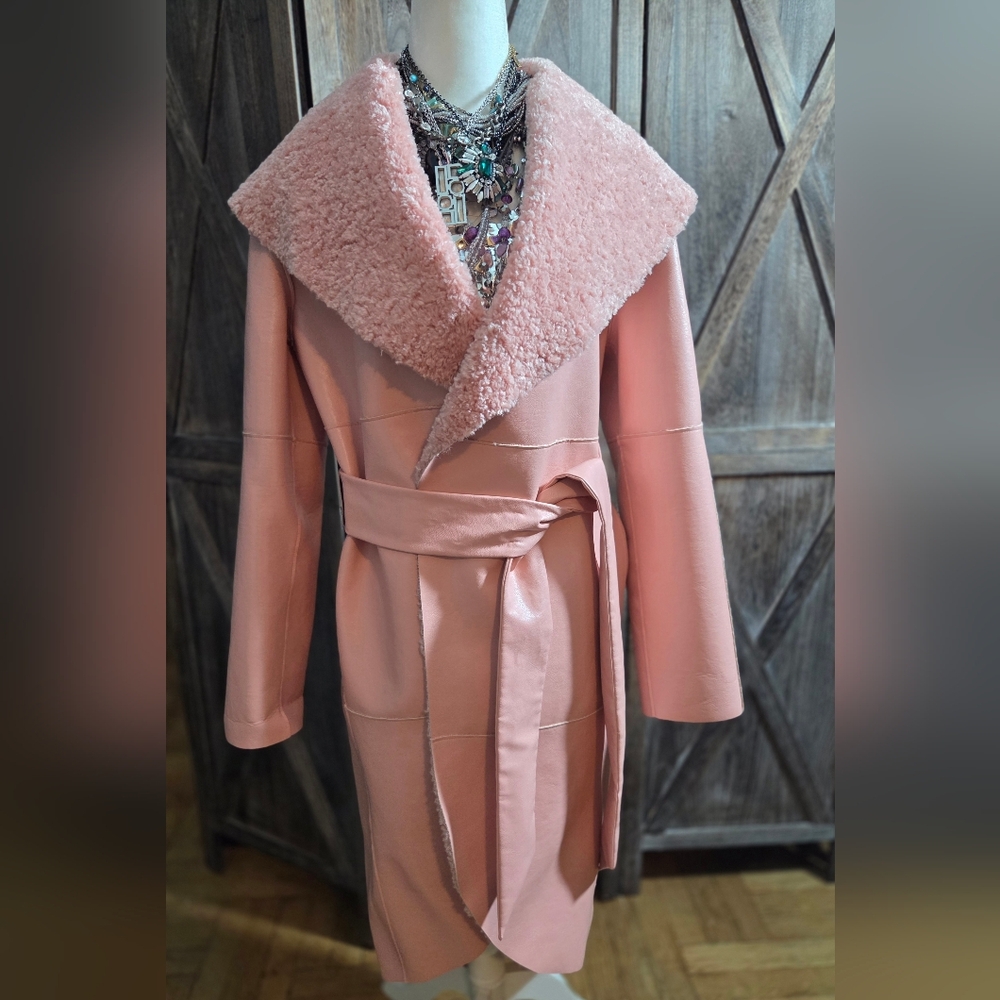 NWT Alice Olivia Coat Pink Shawl Collar LongSlit Pockets & Open Front